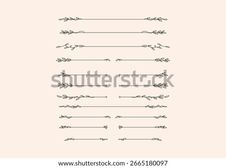 Set of elegant floral leaf line border and divider. Horizontal line separator with leaves decoration