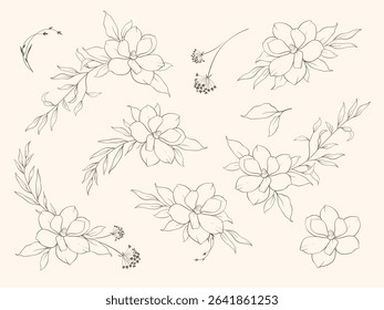Set of Elegant floral line art bouquet composition. Hand drawn minimalist flowers and leaves in delicate style for prints, wall art, wedding invitations, greeting cards. Vector delicate illustration