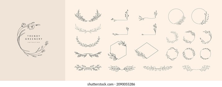 Set of elegant floral logo elements. Borders and dividers, frame corners and branch. Boho Hand drawn line wedding herb, leaves for invitation save the date card. Botanical rustic trendy greenery - Shutterstock ID 2090055286