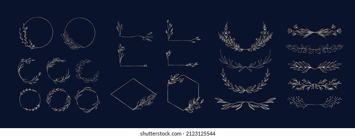 Set of elegant floral logo elements. Borders and dividers, frame corners and branch. Boho Hand drawn line wedding herb, leaves for invitation save the date card. Botanical rustic trendy greenery