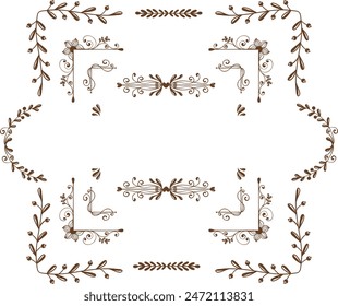 Set of elegant floral logo elements. Borders and dividers, frame corners and branch. Boho Hand drawn line wedding herb, leaves for invitation save the date card. Botanical rustic trendy greenery. 