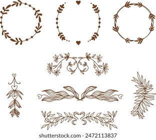 Set of elegant floral logo elements. Borders and dividers, frame corners and branch. Boho Hand drawn line wedding herb, leaves for invitation save the date card. Botanical rustic trendy greenery. 