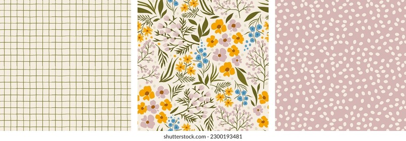 conjunto de elegantes entornos florales sin costura. ilustración interminable de botany. ramitas y flores, fondo a cuadros, fondo con puntos. flores delicadas para cubierta, tela y afiche.