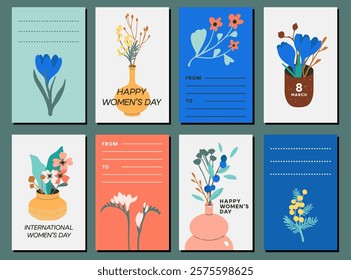 Set of elegant floral templates for Greeting Card, Poster, Banner, Flyer. Minimalist flowers in vases. Flat vector hand drawn designs for spring holidays, International Women's Day, 8 March 