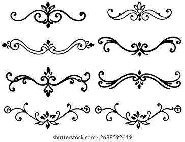 A set of elegant flourish design elements for decoration. These vintage ornaments are perfect for adding a touch of class to any project. Vector graphic art.