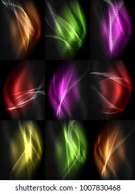 Conjunto de elegantes olas de neón, antecedentes digitales abstractos. Plantillas de vectores