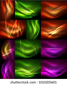 Conjunto de elegantes olas de neón, antecedentes digitales abstractos. Plantillas de vectores