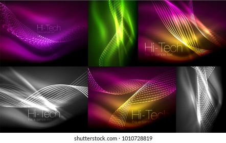 Set of elegant flowing neon waves, digital abstract backgrounds. Vector templates