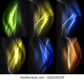 Conjunto de elegantes olas de neón, antecedentes digitales abstractos. Plantillas de vectores