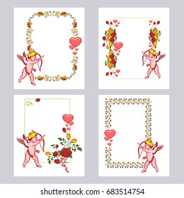 Set of elegant frames with Cupid, roses and hearts. Cupid with bow hunting for hearts. Design element for greeting cards and presents. Vector clip art.
