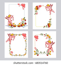 Set of elegant frames with Cupid, roses and hearts. Cupid with bow hunting for hearts. Design element for greeting cards and presents. Vector clip art.