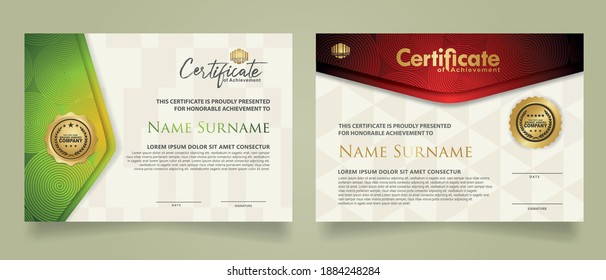 set elegant and futuristic certificate template with lines circle pattern and wave checkered lines pattern ornament. Diploma. Vector illustration