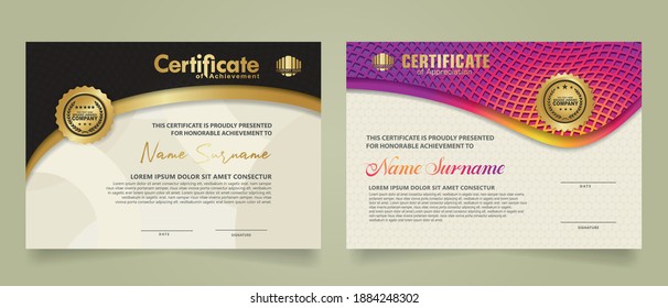 set elegant and futuristic certificate template with lines circle pattern and wave checkered lines pattern ornament. Diploma. Vector illustration