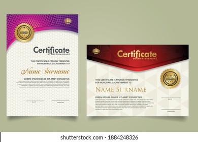 
set elegant and futuristic certificate template with lines circle pattern and wave checkered lines pattern ornament. Diploma. Vector illustration

