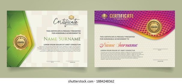 
set elegant and futuristic certificate template with lines circle pattern and wave checkered lines pattern ornament. Diploma. Vector illustration
