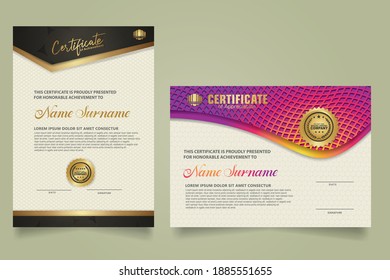 set elegant and futuristic certificate template with lines circle pattern and wave checkered lines pattern ornament. Diploma. Vector illustration