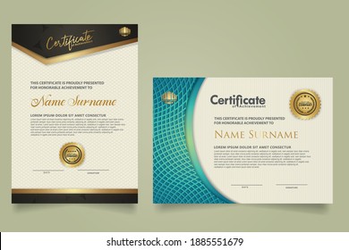 
set elegant and futuristic certificate template with lines circle pattern and wave checkered lines pattern ornament. Diploma. Vector illustration
