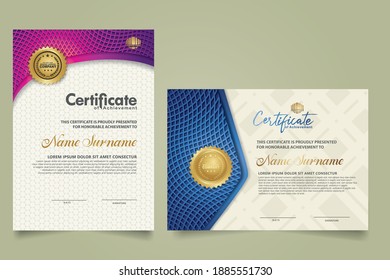 
set elegant and futuristic certificate template with lines circle pattern and wave checkered lines pattern ornament. Diploma. Vector illustration
