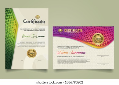 
set elegant and futuristic certificate template with lines circle pattern and wave checkered lines pattern ornament. Diploma. Vector illustration
