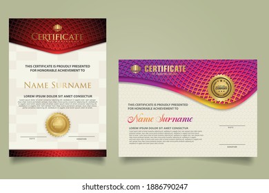 set elegant and futuristic certificate template with lines circle pattern and wave checkered lines pattern ornament. Diploma. Vector illustration