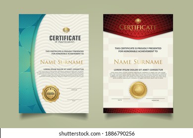 set elegant and futuristic certificate template with lines circle pattern and wave checkered lines pattern ornament. Diploma. Vector illustration
