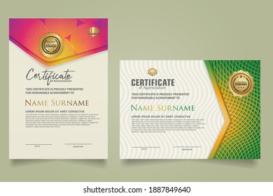 set elegant and futuristic certificate template with lines circle pattern and wave checkered lines pattern ornament. Diploma. Vector illustration



