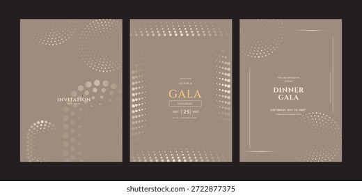 Conjunto de elegantes Plantillas de gala y invitación a cenar para el 25 de diciembre de 2027. Diseño moderno con patrones de puntos de semitono dorado sobre un fondo sofisticado. Formato de Vector.
