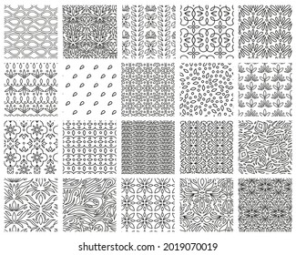 Set of elegant geometric and floral seamless patterns. old Victorian, and modern abstract motif. Stock vector illustration in outline doodle style isolated on white background.