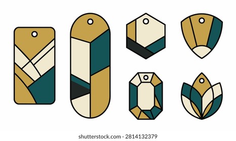 Set of elegant geometric tags and pendants featuring abstract patterns in Art Deco style. Modern decorative elements for jewelry, branding, and design projects. Flat vector illustration.