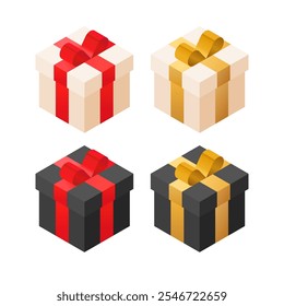 Set of elegant gift boxes tied with luxurious gold and red ribbon, perfect for special occasions like birthdays, Christmas, or weddings. Realistically rendered isometric gift boxes on white background