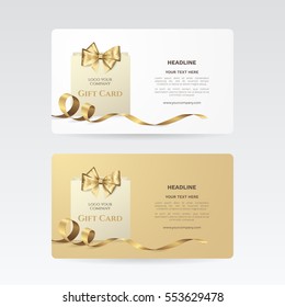 Set of elegant gift cards with golden bow, ribbon and paper shopping bag. Vector template for gift voucher, coupon and credit or discount card. Isolated from the background.