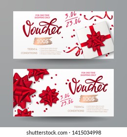 Set of elegant gift vouchers with realistic box, round confetti, red ribbons and 3d bows. Vector festive template for design of gift card, coupon and holiday certificate. Isolated from the background.