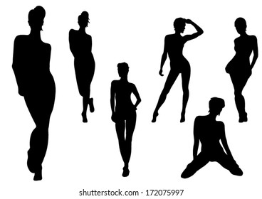 Set of Elegant Girls. Vector Silhouette