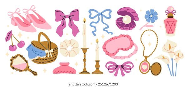 Set of elegant girly decor. Cute stickers with ballet shoes, coquette bows, pearl, candle, perfume and flowers. Adorable feminine cliparts. Flat vector illustration collection isolated on background