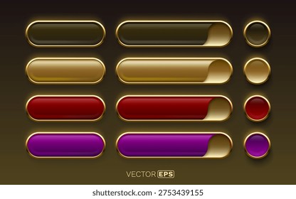 Set of elegant glossy gold-framed buttons and sliders in various colors. A premium UI element pack. Vector illustration.