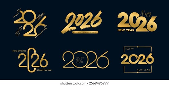 Set of elegant gold 2026 New Year number text design. Collection of luxury 2026 Happy New Year background design. Template greeting card, banner, poster. Vector holidays, business Illustration.