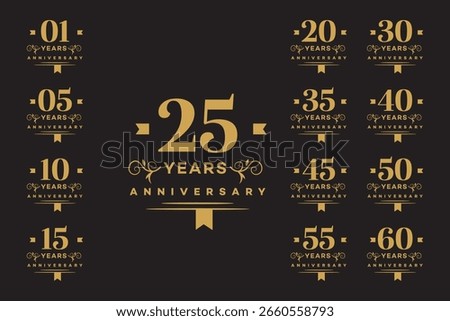 Set of elegant gold anniversary logos on a black background. Perfect for celebrating milestones. Includes designs for 1, 5, 10, 15, 20, 25, 30, 35, 40, 45, 50, 55, and 60 years.