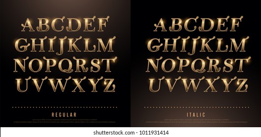 Set of Elegant Gold Colored Metal Chrome alphabet uppercase font. Typography classic style golden font set for logo, Poster, Invitation. vector illustrator