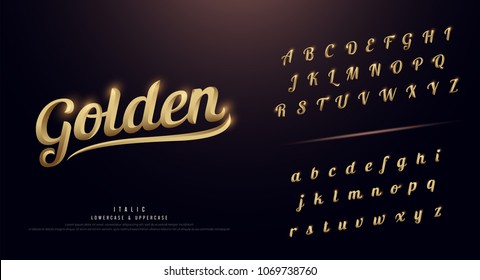 Set Of Elegant Gold Colored Metal Chrome Alphabet Font. Typography Classic Style Golden Font Set. Vector Illustration