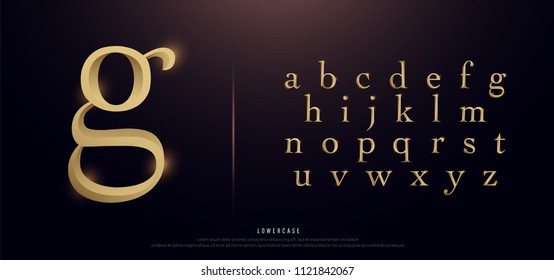 Set of Elegant Gold Colored Metal Chrome Lowercase Alphabet Font. Typography classic style golden font set for logo, Poster, Invitation. vector illustration