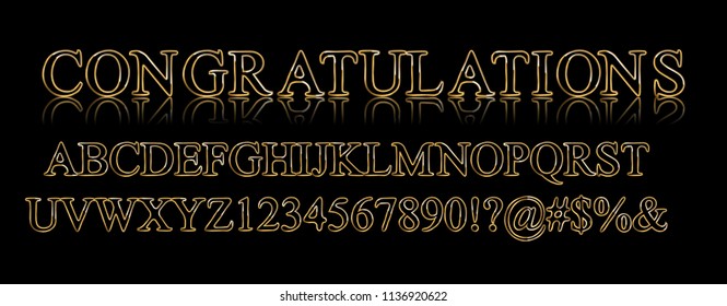 Set of Elegant Gold Colored Metal Chrome alphabet font. Typography classic style golden font set for logo, Poster, Invitation. vector illustrator
