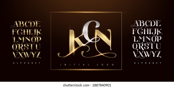 Conjunto de letra elegante cromada de metal de color dorado. Typografía clásica estilo de fuente dorada conjunto para logotipo, Afiche, Invitación. ilustración vectorial - Vector