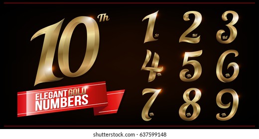 Set of Elegant Gold Colored Metal Chrome numbers. 1, 2, 3, 4, 5, 6, 7, 8, 9, 10, logo design