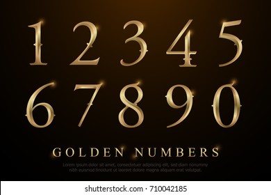 Set Of Elegant Gold Colored Metal Chrome Numbers. Golden Numbers 1, 2, 3, 4, 5, 6, 7, 8, 9, 10, Logo Design