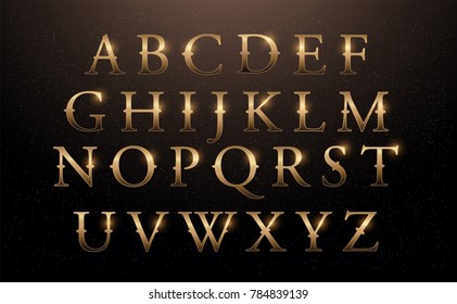 Set of Elegant Gold Colored Metal Chrome alphabet font. Typography classic style golden font set for logo, Poster, Invitation. vector illustrator