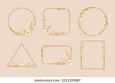 Un conjunto de límites florales de oro Elegante para invitaciones de boda o compromiso, tarjetas de agradecimiento, logos, tarjeta de saludo