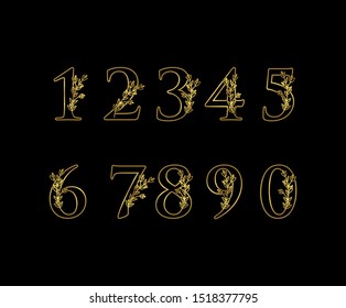 Set of Elegant Gold floral numbers. 1, 2, 3, 4, 5, 6, 7, 8, 9, 10, logo design, Golden metallic font typography numbers set. Vector illustration