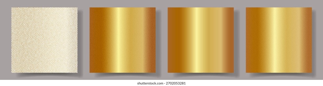 Set of elegant gold metallic gradient textures with smooth shine and subtle pattern effects. Luxury branding, holiday design, packaging, invitation, wallpaper, or premium decorative projects.