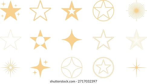 Conjunto de ícones elegantes de estrela dourada e de vetor cintilante. Símbolos decorativos celestes isolados em fundo transparente, ideal para design de luxo, branding, celebrações e projetos gráficos