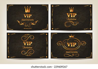 Set of elegant gold VIP cards with floral design elements